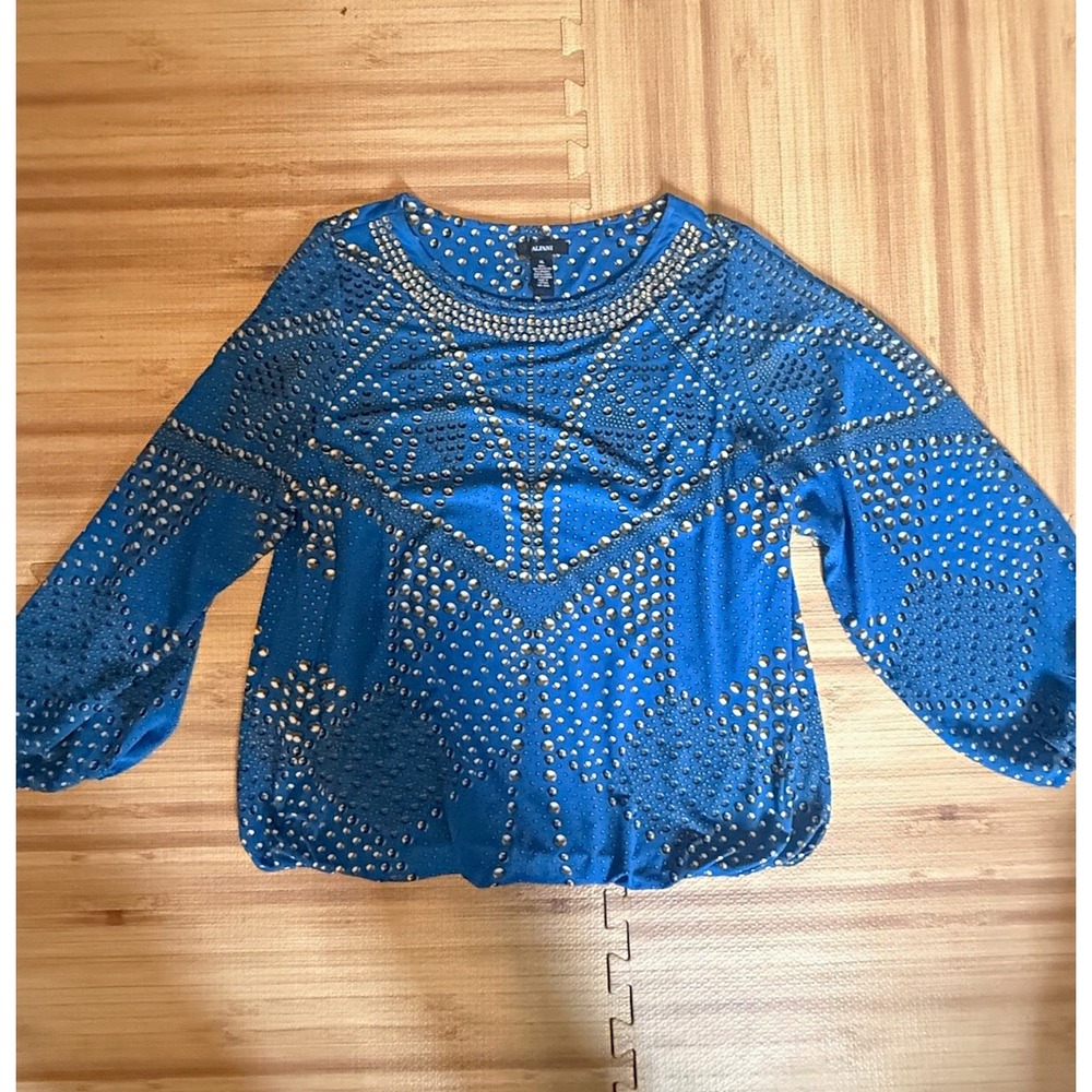 Alfani Women's XL Blue Rhinestones print Scoop Neck 3/4 Balloon Sleeve Blouse